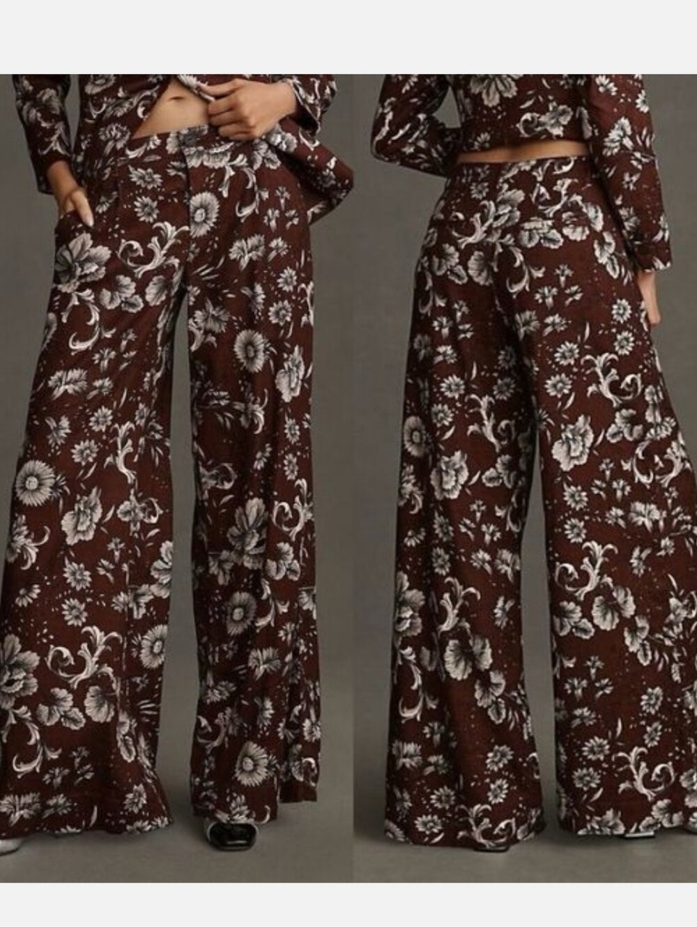 Anthropologie Wide-Leg Floral Trousers in Burgundy and White